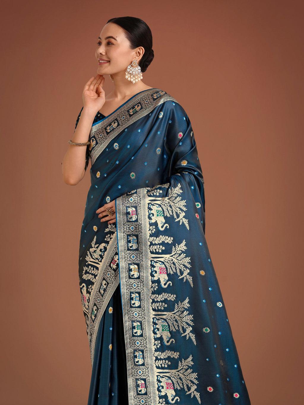 Monjolika Fashion Gorgeous Dark Teal Woven Banarasi Designer Satin Silk Saree | Grocsy