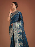 Monjolika Fashion Gorgeous Dark Teal Woven Banarasi Designer Satin Silk Saree | Grocsy