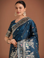 Monjolika Fashion Gorgeous Dark Teal Woven Banarasi Designer Satin Silk Saree | Grocsy