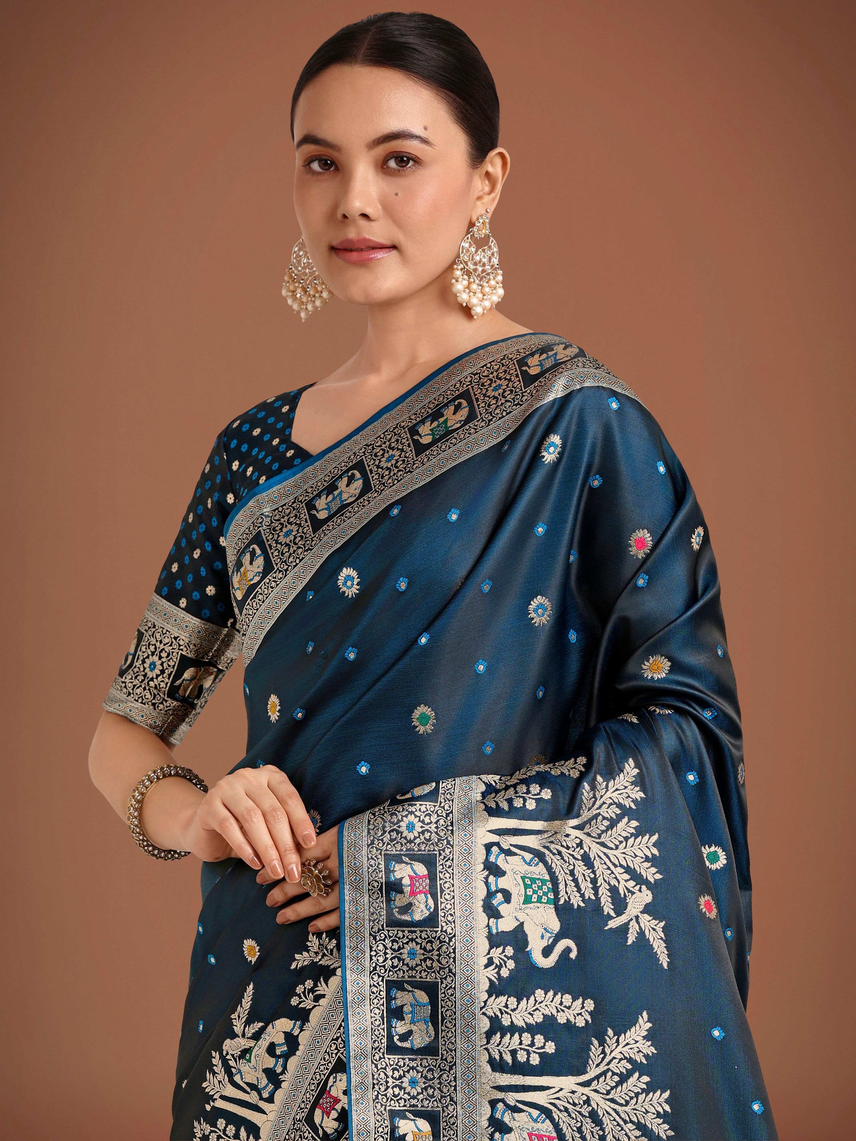 Monjolika Fashion Gorgeous Dark Teal Woven Banarasi Designer Satin Silk Saree | Grocsy