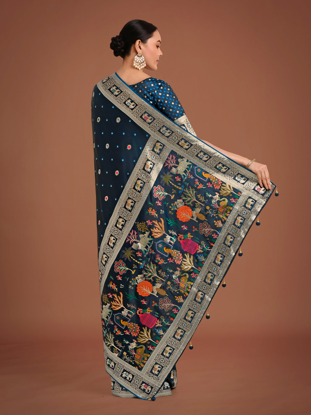 Monjolika Fashion Gorgeous Dark Teal Woven Banarasi Designer Satin Silk Saree | Grocsy