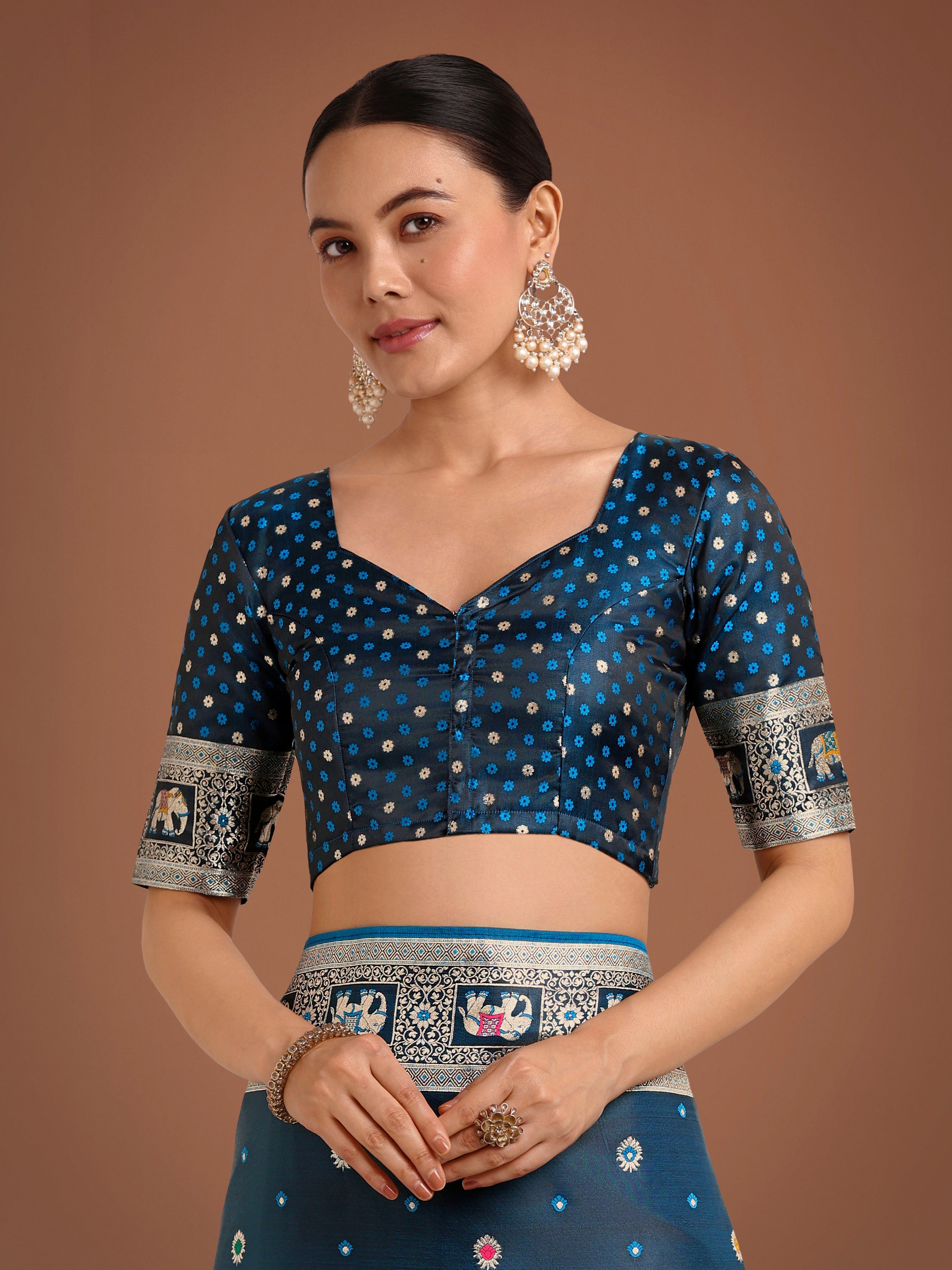 Monjolika Fashion Gorgeous Dark Teal Woven Banarasi Designer Satin Silk Saree | Grocsy