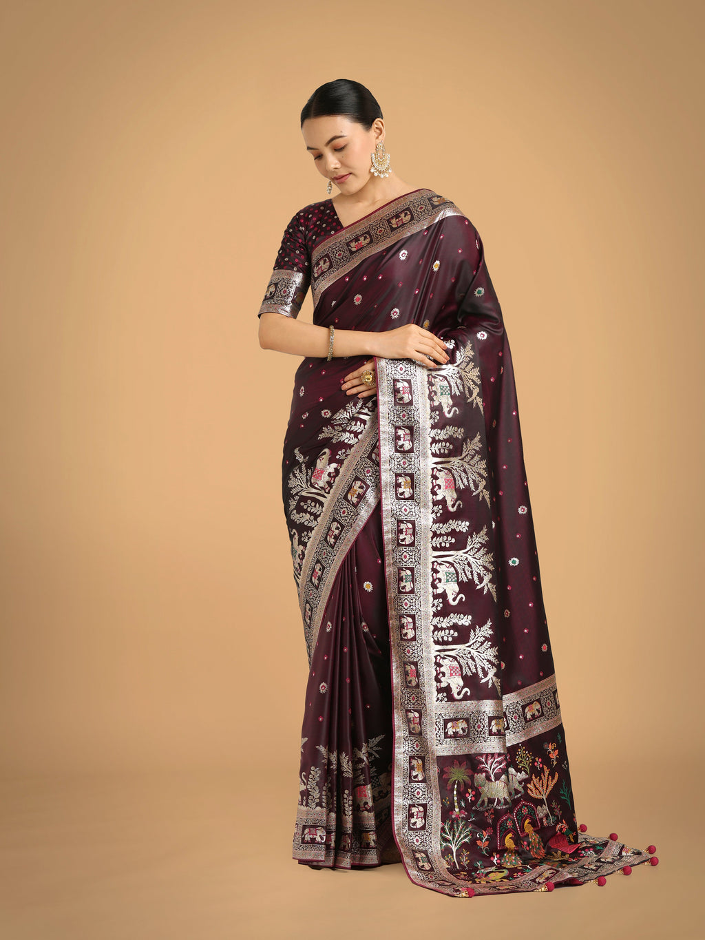 Monjolika Fashion Gorgeous Wine Woven Banarasi Designer Satin Silk Saree | Grocsy