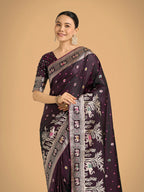 Monjolika Fashion Gorgeous Wine Woven Banarasi Designer Satin Silk Saree | Grocsy
