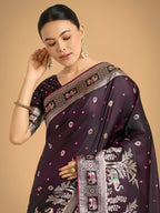 Monjolika Fashion Gorgeous Wine Woven Banarasi Designer Satin Silk Saree | Grocsy