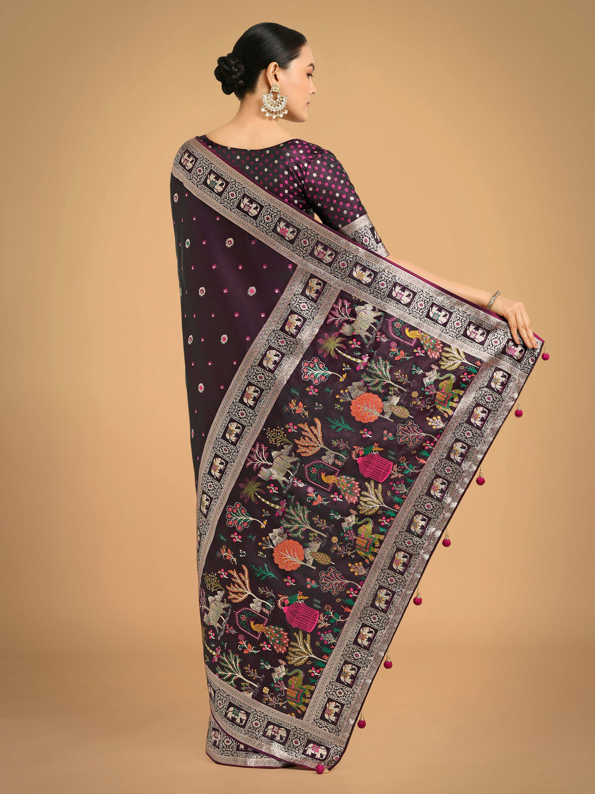 Monjolika Fashion Gorgeous Wine Woven Banarasi Designer Satin Silk Saree | Grocsy
