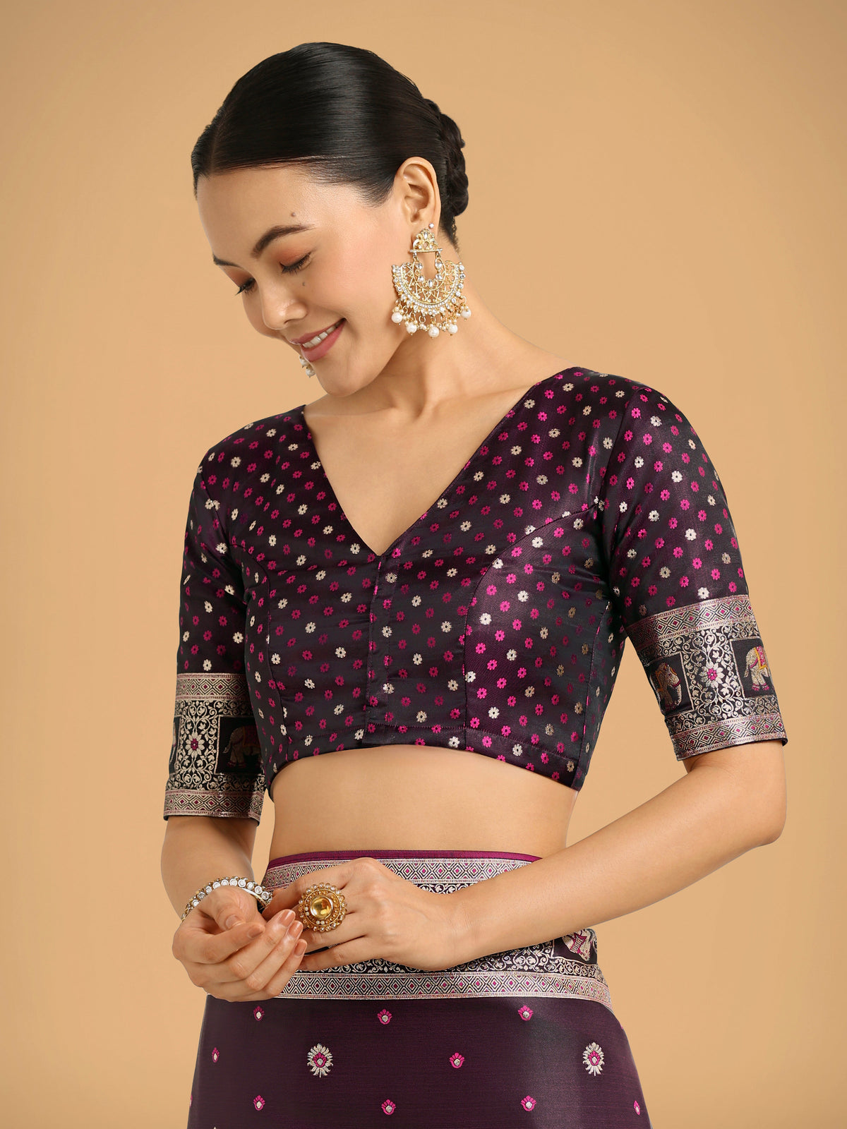 Monjolika Fashion Gorgeous Wine Woven Banarasi Designer Satin Silk Saree | Grocsy