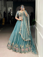 Lorenvalley Fashion Skyblue Zari Shimmer Sequins and Thread Embroidery Work Lehenga Choli with Dupatta | Grocsy