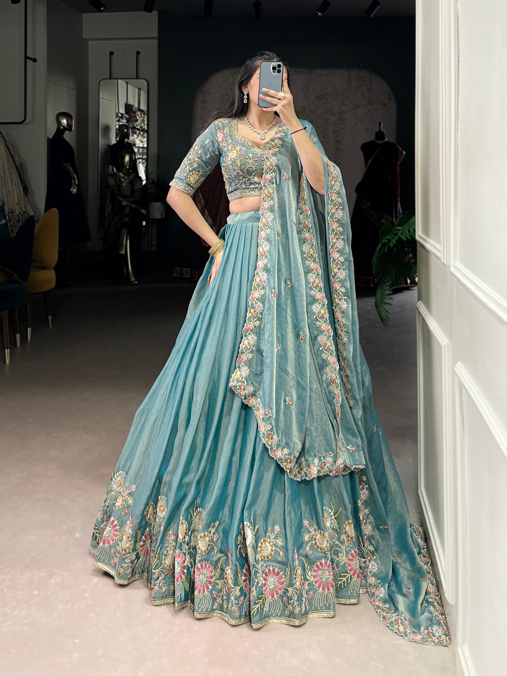 Lorenvalley Fashion Skyblue Zari Shimmer Sequins and Thread Embroidery Work Lehenga Choli with Dupatta | Grocsy