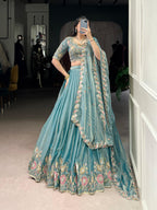 Lorenvalley Fashion Skyblue Zari Shimmer Sequins and Thread Embroidery Work Lehenga Choli with Dupatta | Grocsy