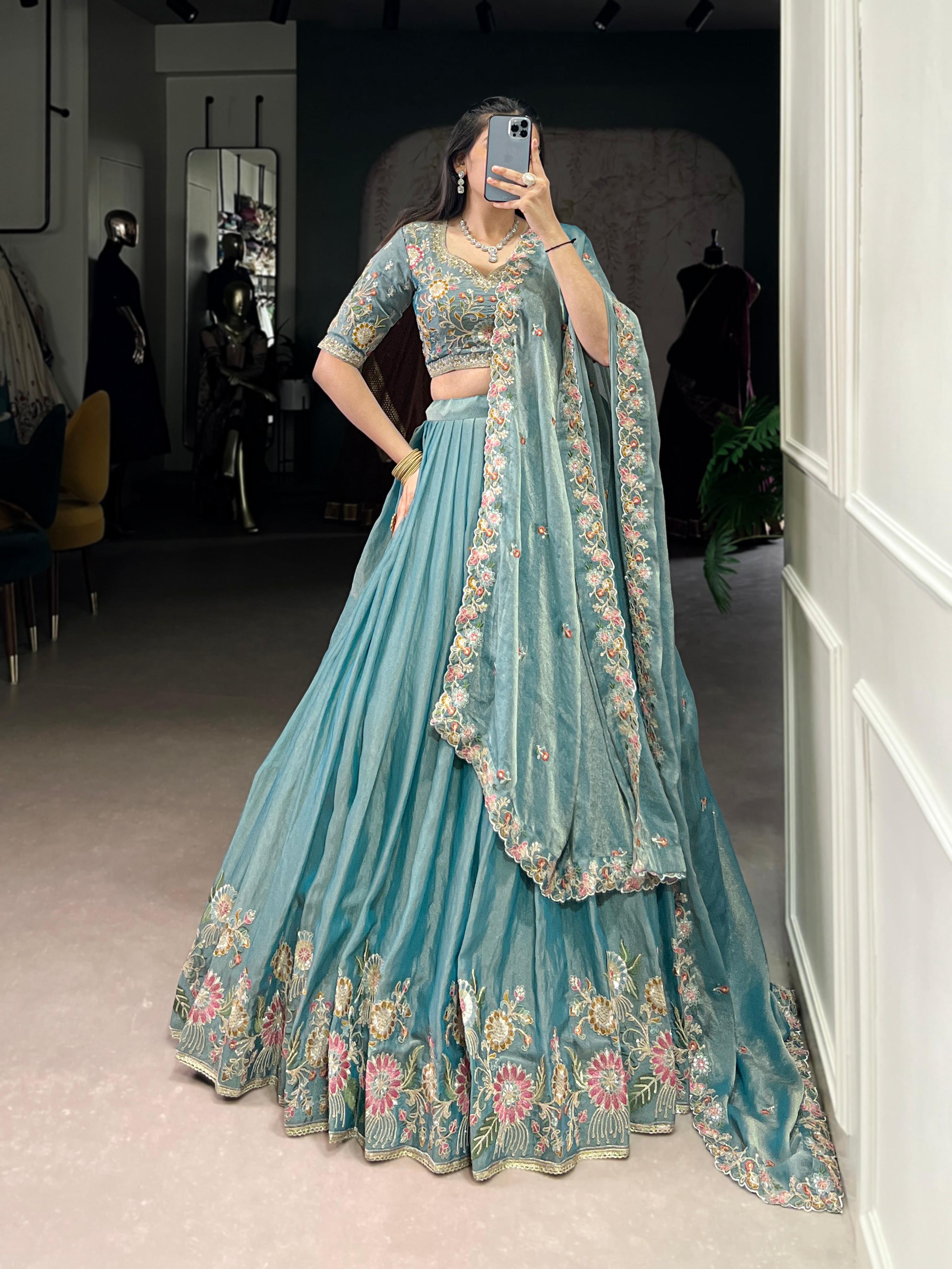 Lorenvalley Fashion Skyblue Zari Shimmer Sequins and Thread Embroidery Work Lehenga Choli with Dupatta | Grocsy