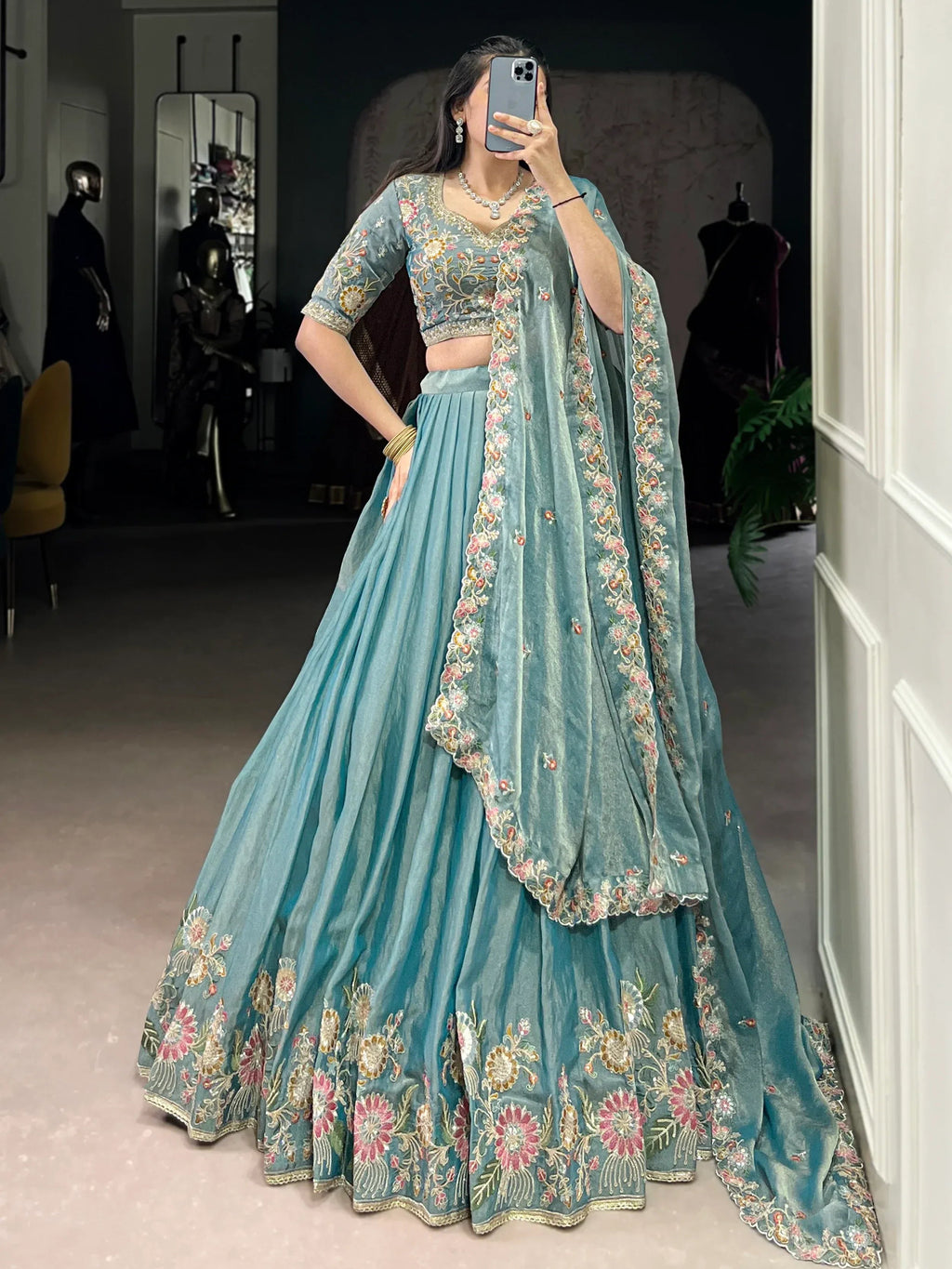 Tulsi Art Beautiful Sky Blue Organza Zari Weaving Engagement Wear Lehenga Choli | Grocsy