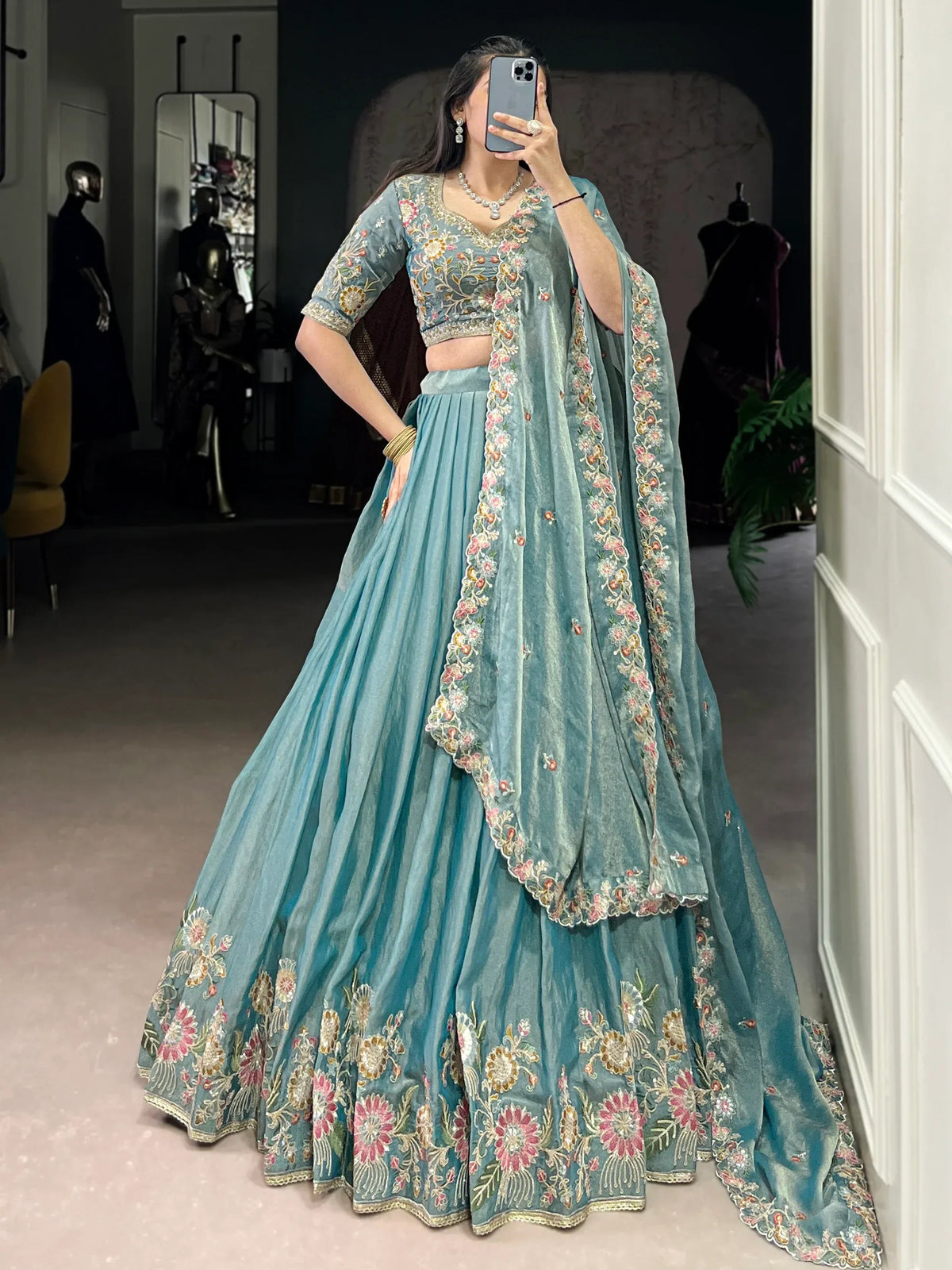 Tulsi Art Beautiful Sky Blue Organza Zari Weaving Engagement Wear Lehenga Choli | Grocsy