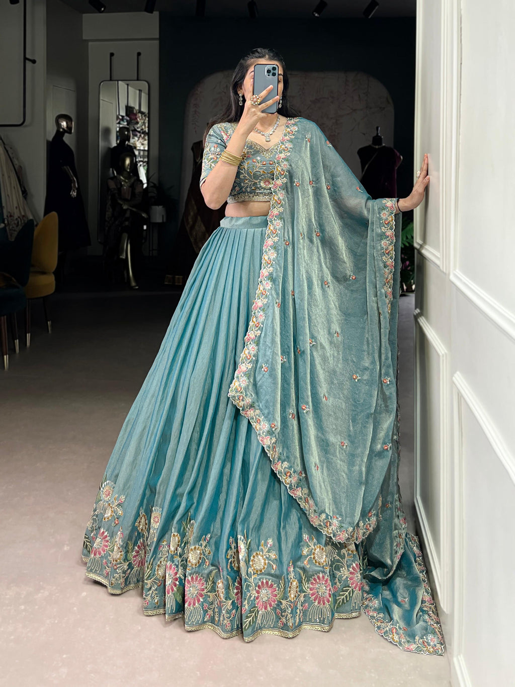 Lorenvalley Fashion Skyblue Zari Shimmer Sequins and Thread Embroidery Work Lehenga Choli with Dupatta | Grocsy