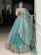 Tulsi Art Beautiful Sky Blue Organza Zari Weaving Engagement Wear Lehenga Choli | Grocsy