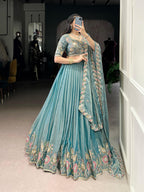Lorenvalley Fashion Skyblue Zari Shimmer Sequins and Thread Embroidery Work Lehenga Choli with Dupatta | Grocsy