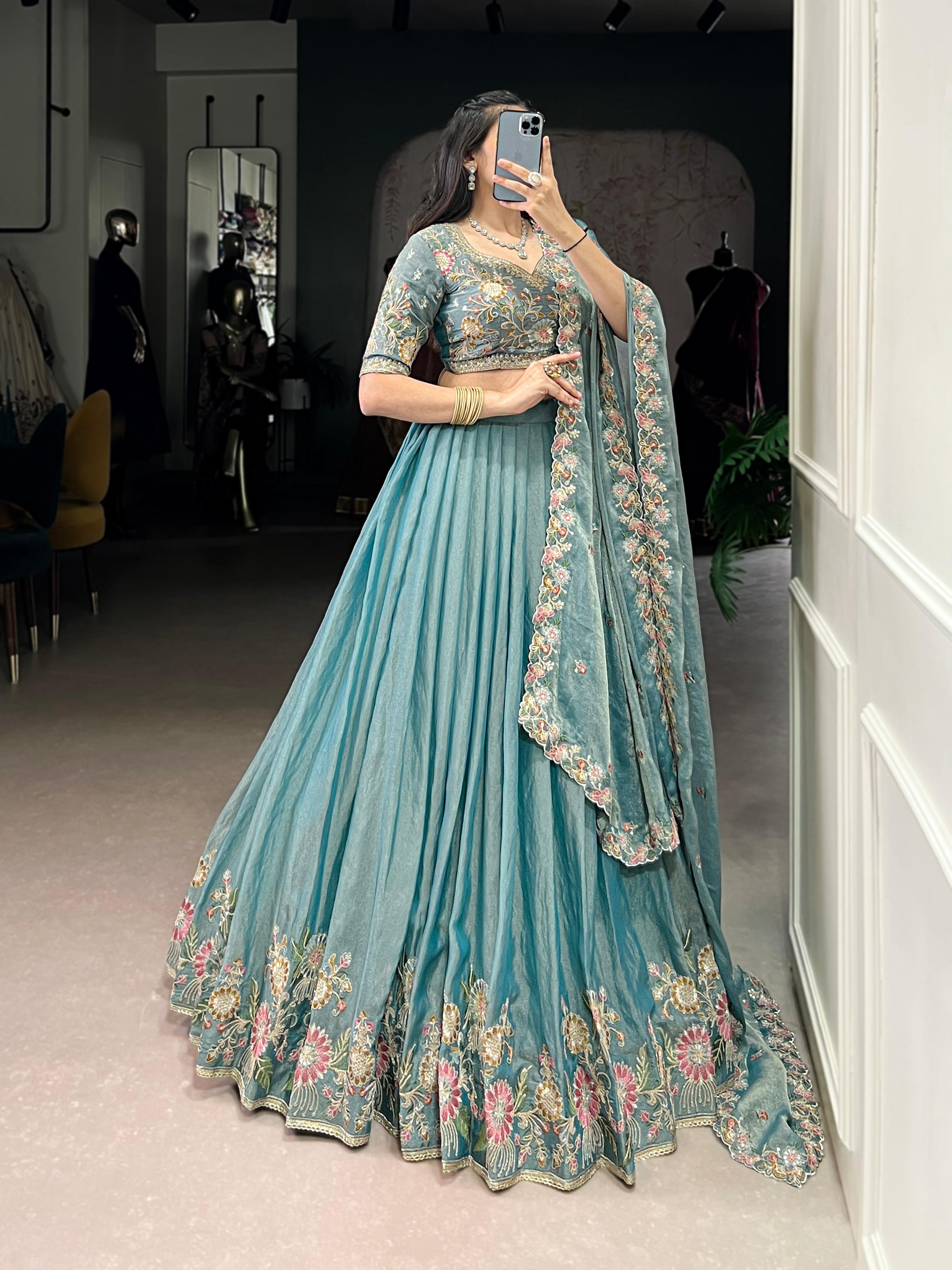 Lorenvalley Fashion Skyblue Zari Shimmer Sequins and Thread Embroidery Work Lehenga Choli with Dupatta | Grocsy