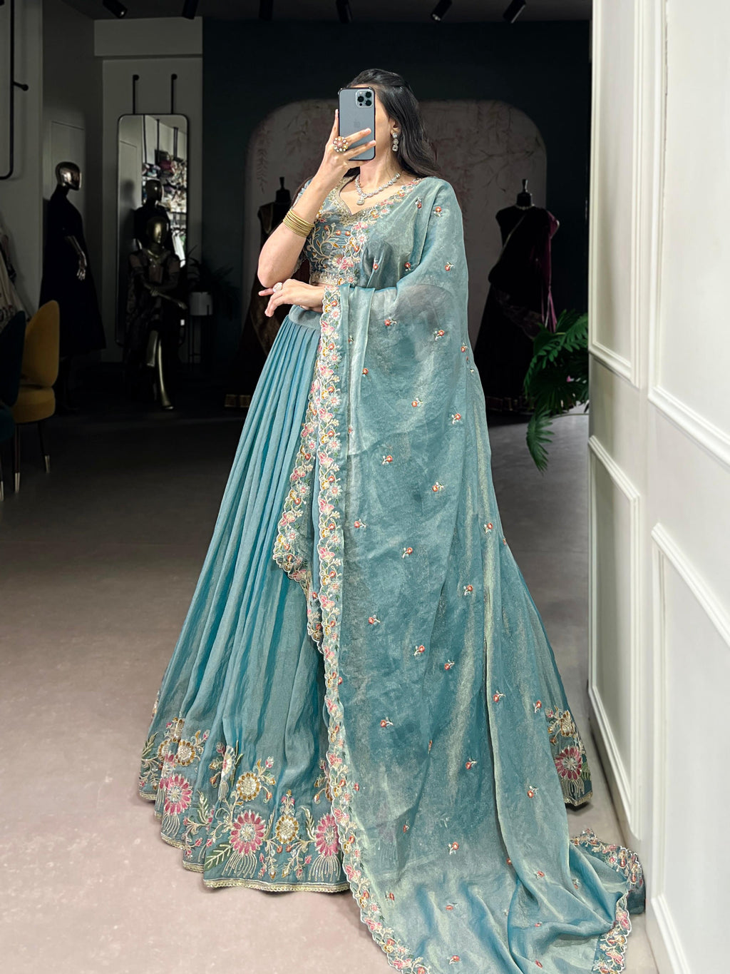 Lorenvalley Fashion Skyblue Zari Shimmer Sequins and Thread Embroidery Work Lehenga Choli with Dupatta | Grocsy