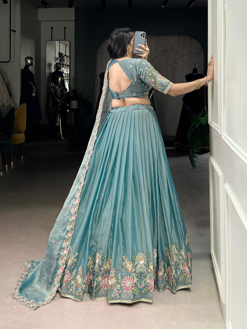 Lorenvalley Fashion Skyblue Zari Shimmer Sequins and Thread Embroidery Work Lehenga Choli with Dupatta | Grocsy