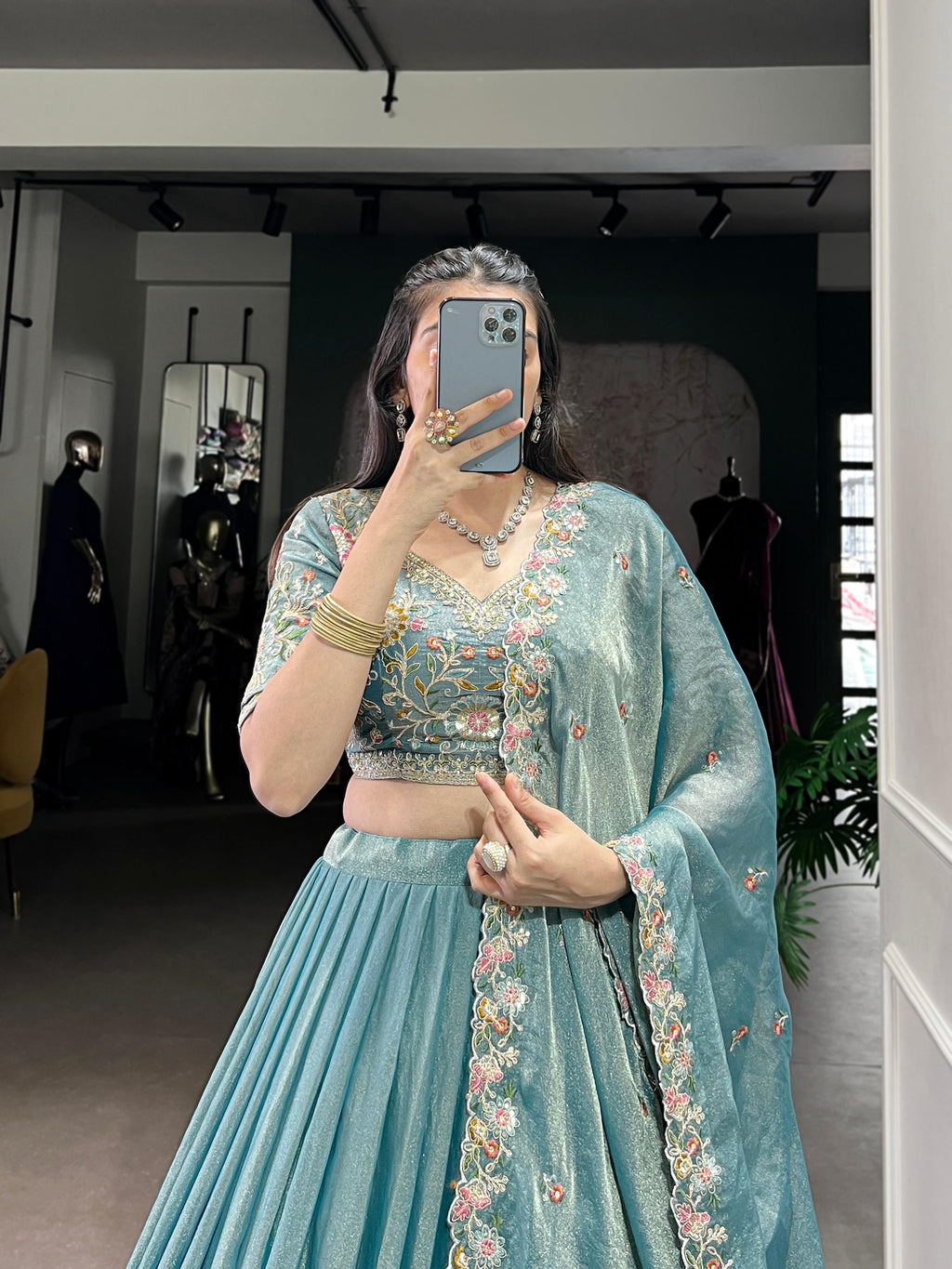 Lorenvalley Fashion Skyblue Zari Shimmer Sequins and Thread Embroidery Work Lehenga Choli with Dupatta | Grocsy