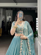 Lorenvalley Fashion Skyblue Zari Shimmer Sequins and Thread Embroidery Work Lehenga Choli with Dupatta | Grocsy