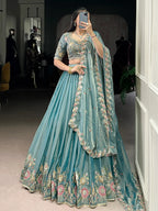 Tulsi Art Beautiful Sky Blue Organza Zari Weaving Engagement Wear Lehenga Choli | Grocsy