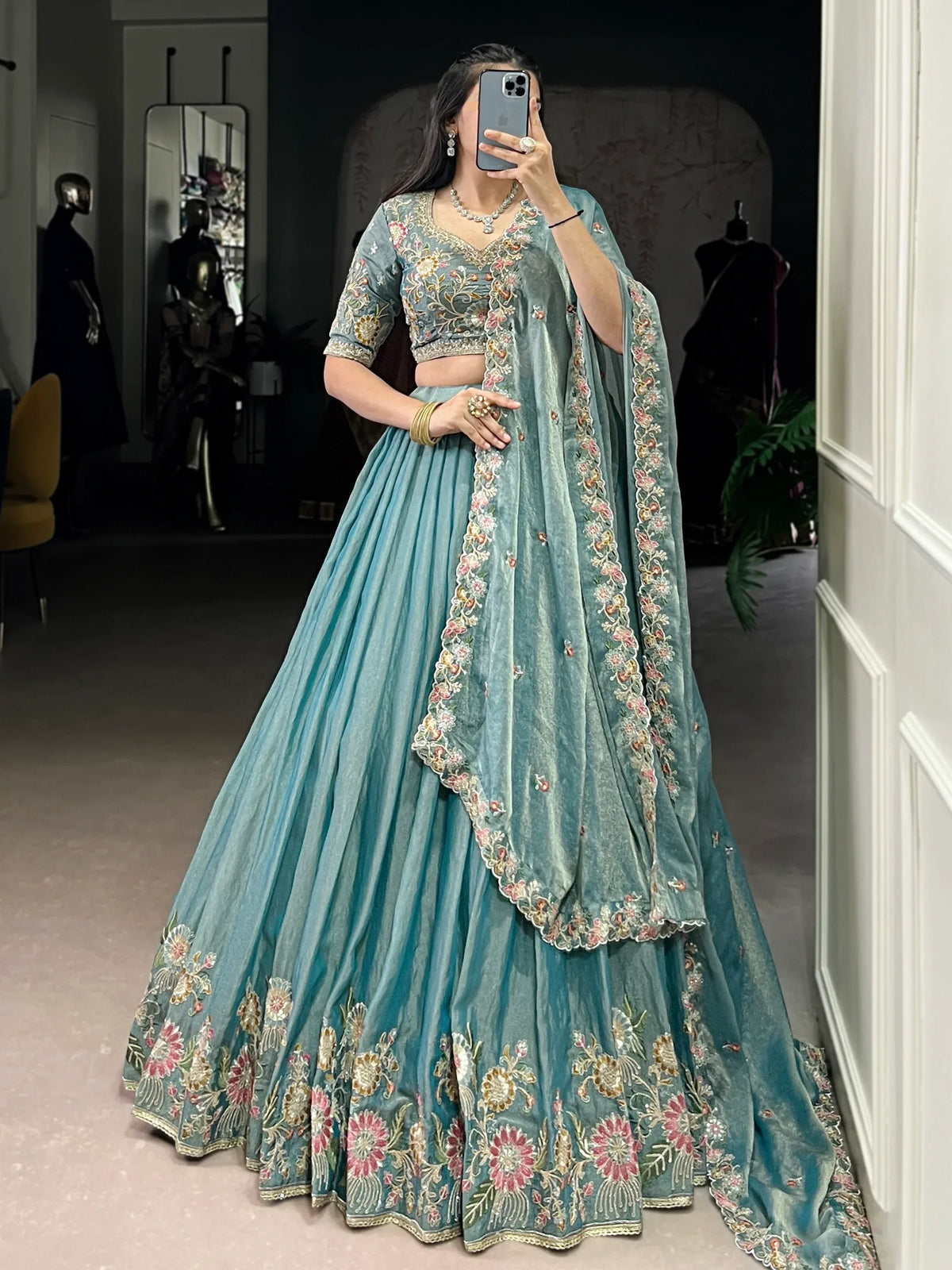 Tulsi Art Beautiful Sky Blue Organza Zari Weaving Engagement Wear Lehenga Choli | Grocsy