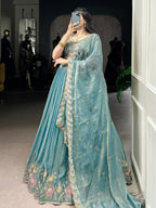 Tulsi Art Beautiful Sky Blue Organza Zari Weaving Engagement Wear Lehenga Choli | Grocsy