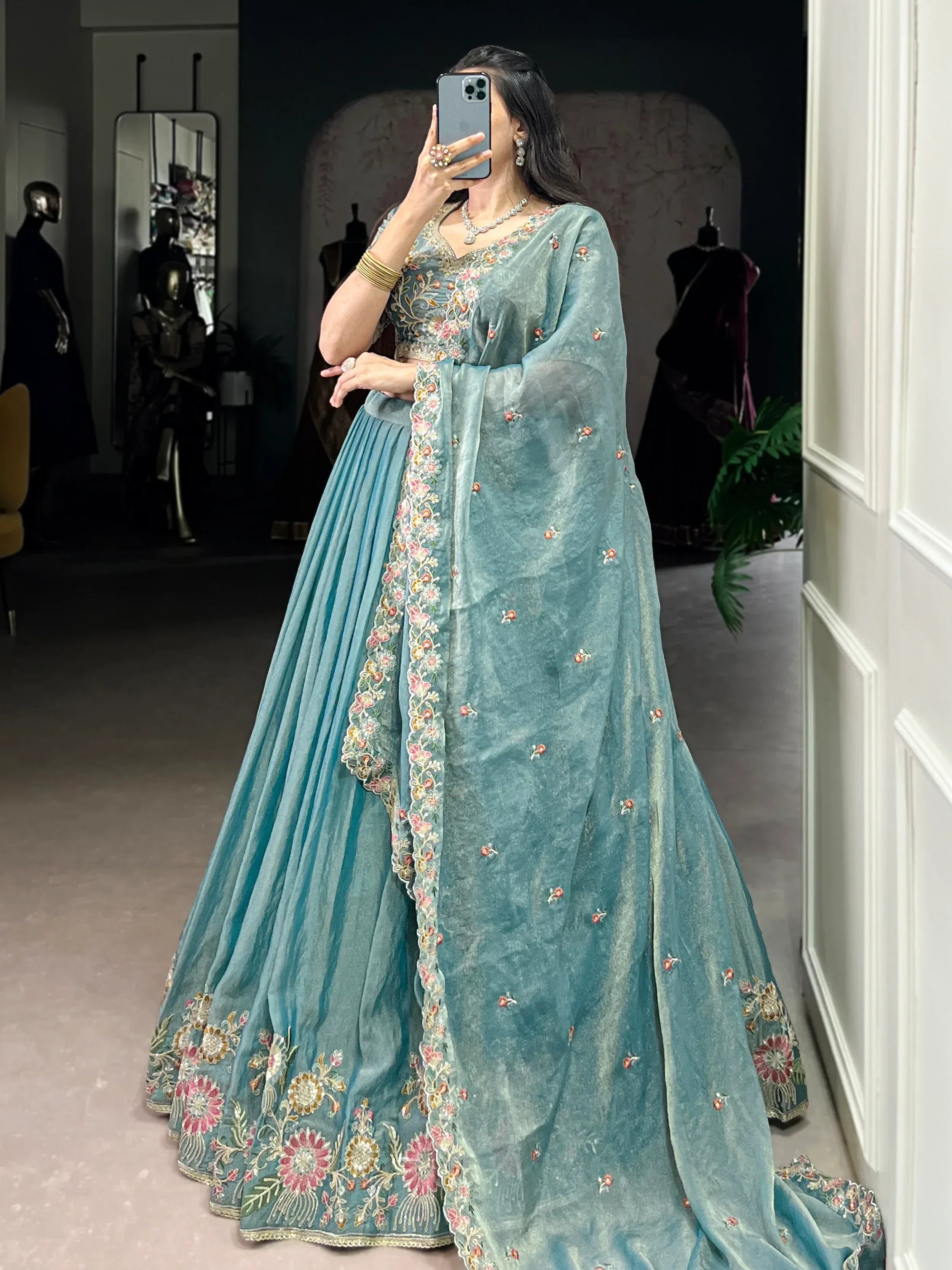 Tulsi Art Beautiful Sky Blue Organza Zari Weaving Engagement Wear Lehenga Choli | Grocsy
