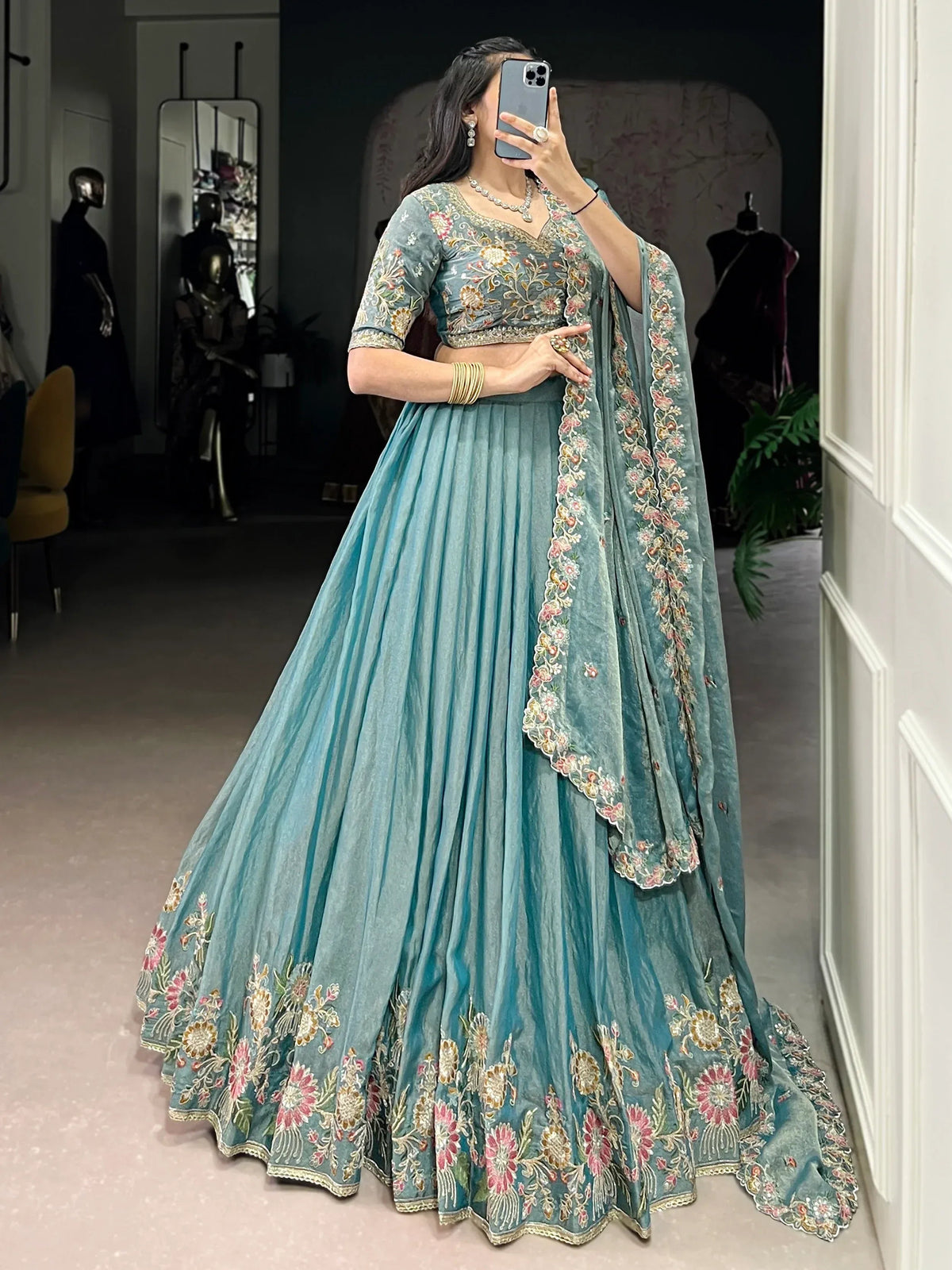 Tulsi Art Beautiful Sky Blue Organza Zari Weaving Engagement Wear Lehenga Choli | Grocsy