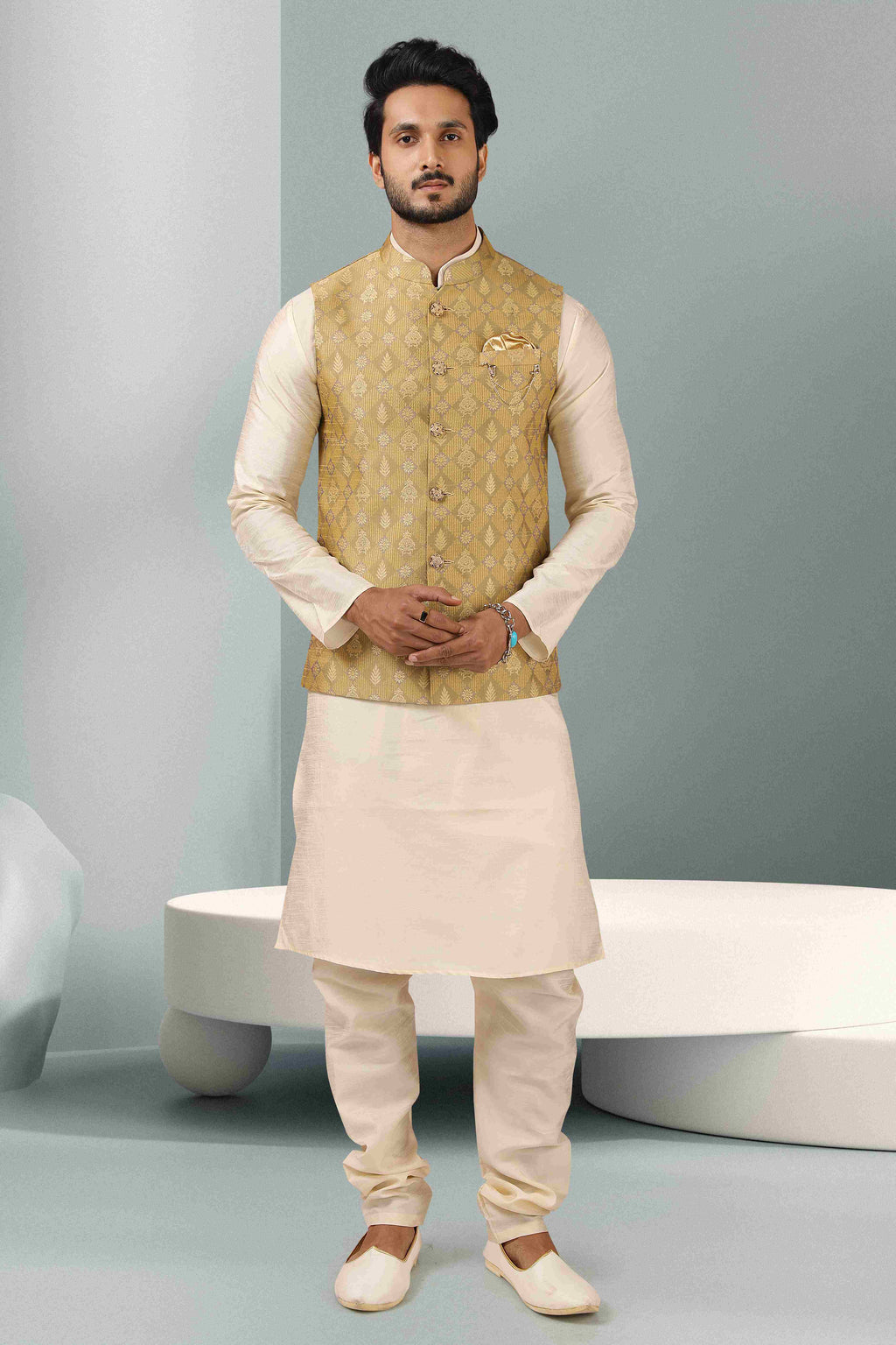 Raivat Ethnic Jacquard Banarasi Silk Woven Work 3 Pics Jacket Set In Beige Colour | Grocsy