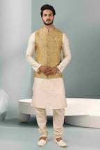 Raivat Ethnic Jacquard Banarasi Silk Woven Work 3 Pics Jacket Set In Beige Colour | Grocsy