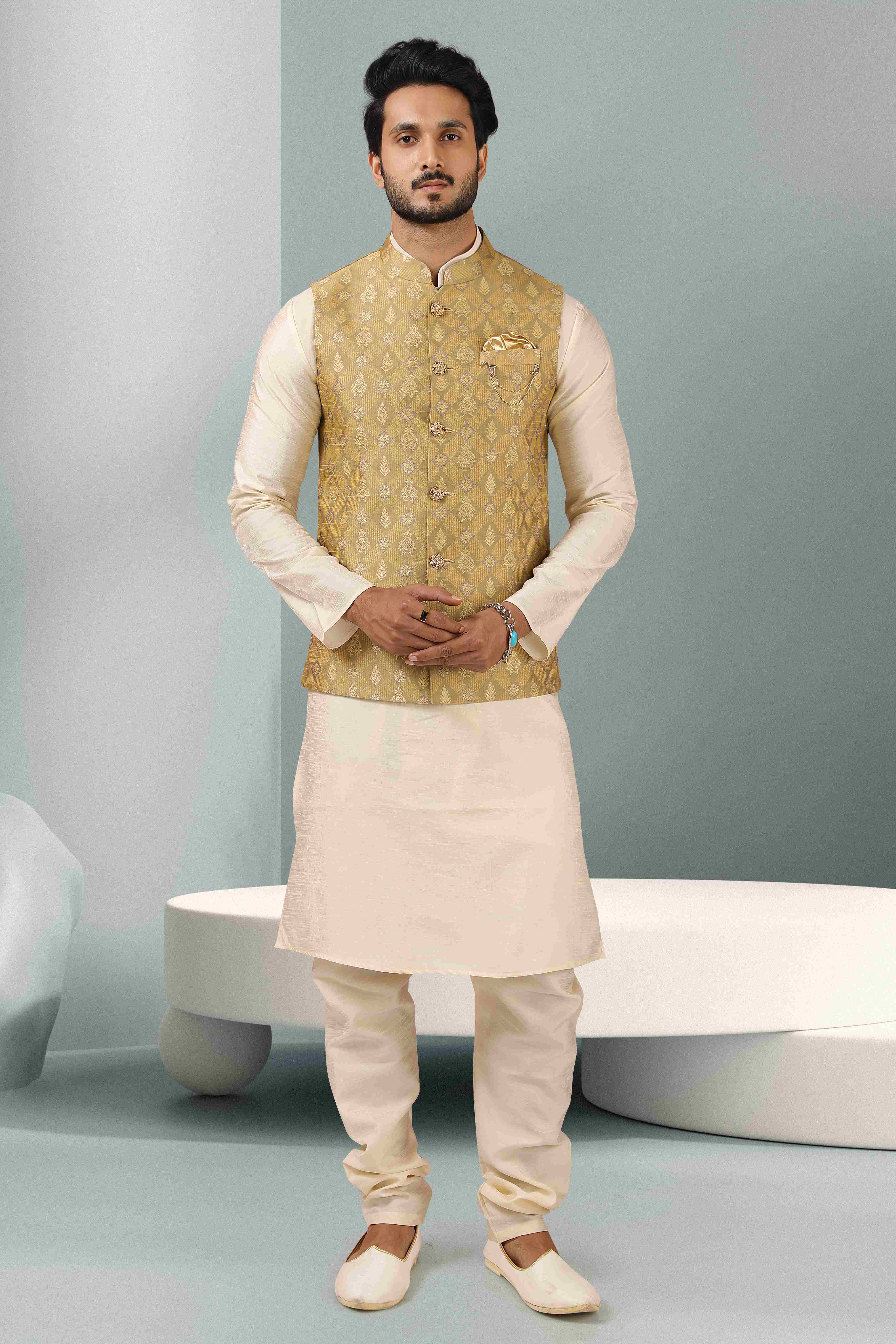 Raivat Ethnic Jacquard Banarasi Silk Woven Work 3 Pics Jacket Set In Beige Colour | Grocsy