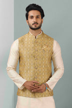 Raivat Ethnic Jacquard Banarasi Silk Woven Work 3 Pics Jacket Set In Beige Colour | Grocsy