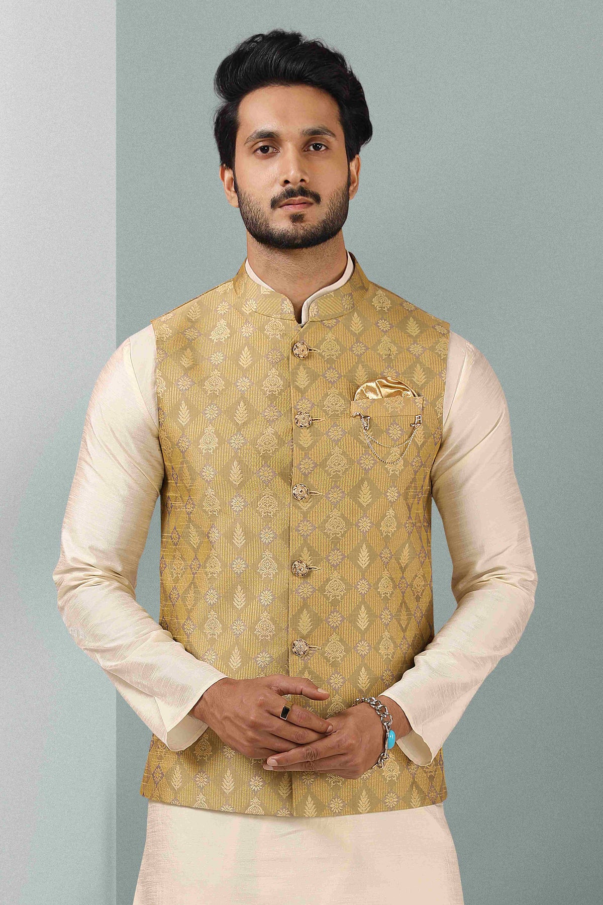 Raivat Ethnic Jacquard Banarasi Silk Woven Work 3 Pics Jacket Set In Beige Colour | Grocsy