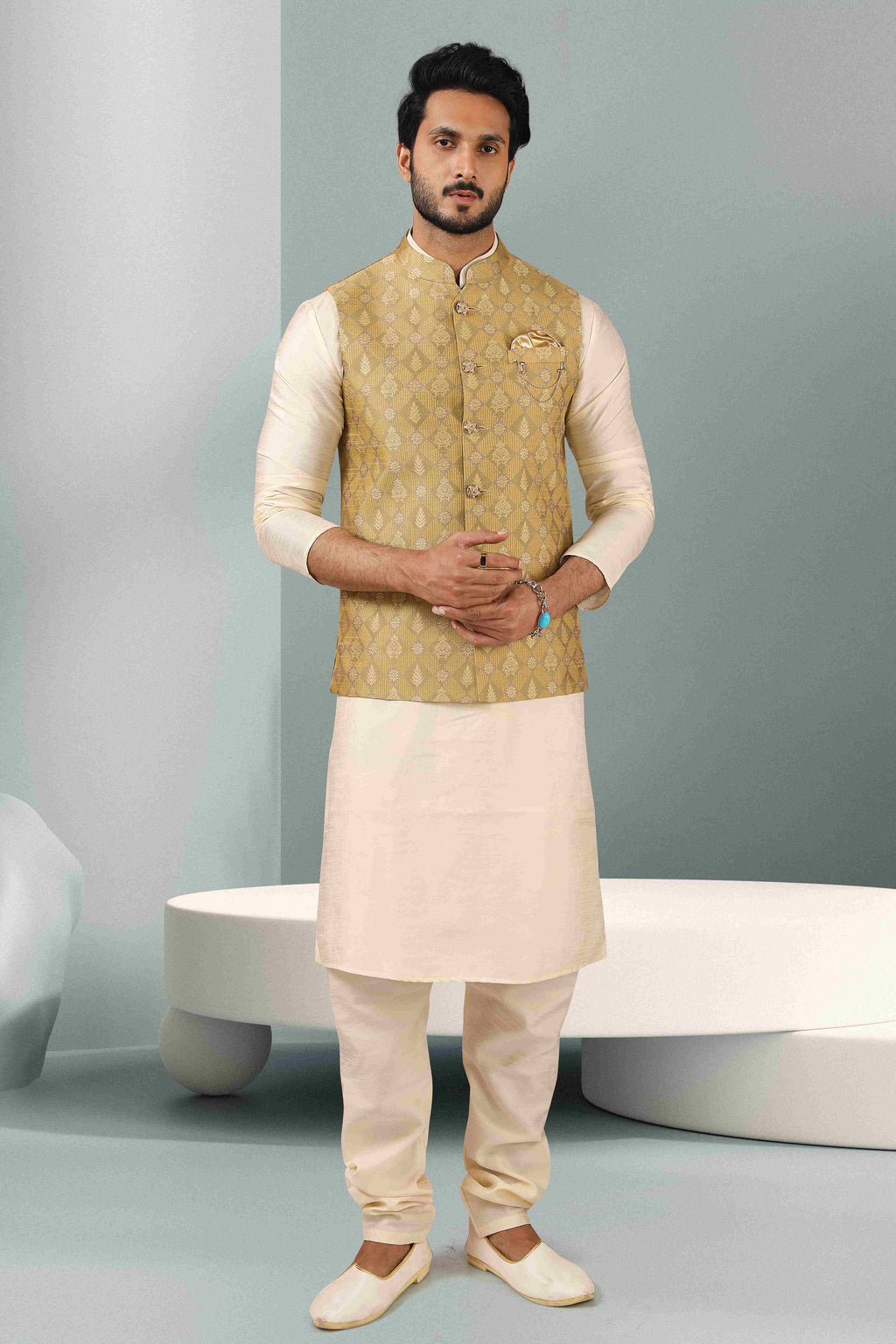 Raivat Ethnic Jacquard Banarasi Silk Woven Work 3 Pics Jacket Set In Beige Colour | Grocsy