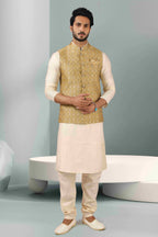 Raivat Ethnic Jacquard Banarasi Silk Woven Work 3 Pics Jacket Set In Beige Colour | Grocsy