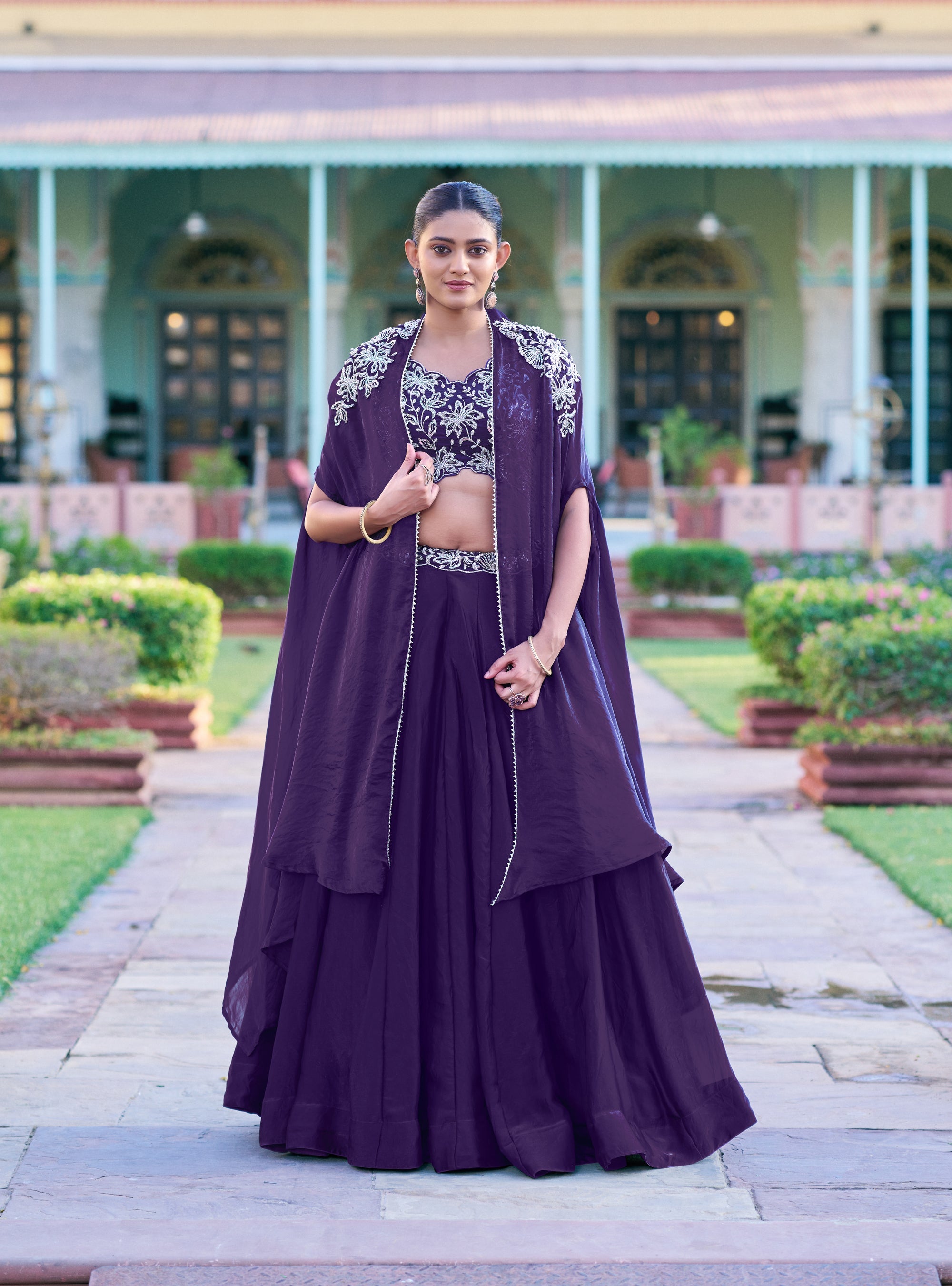 Lorenvalley Fashion Purple Fendy Silk Beads & Sequins and Thread Embroidery Work Belt Lehenga Choli with Shrug | Grocsy