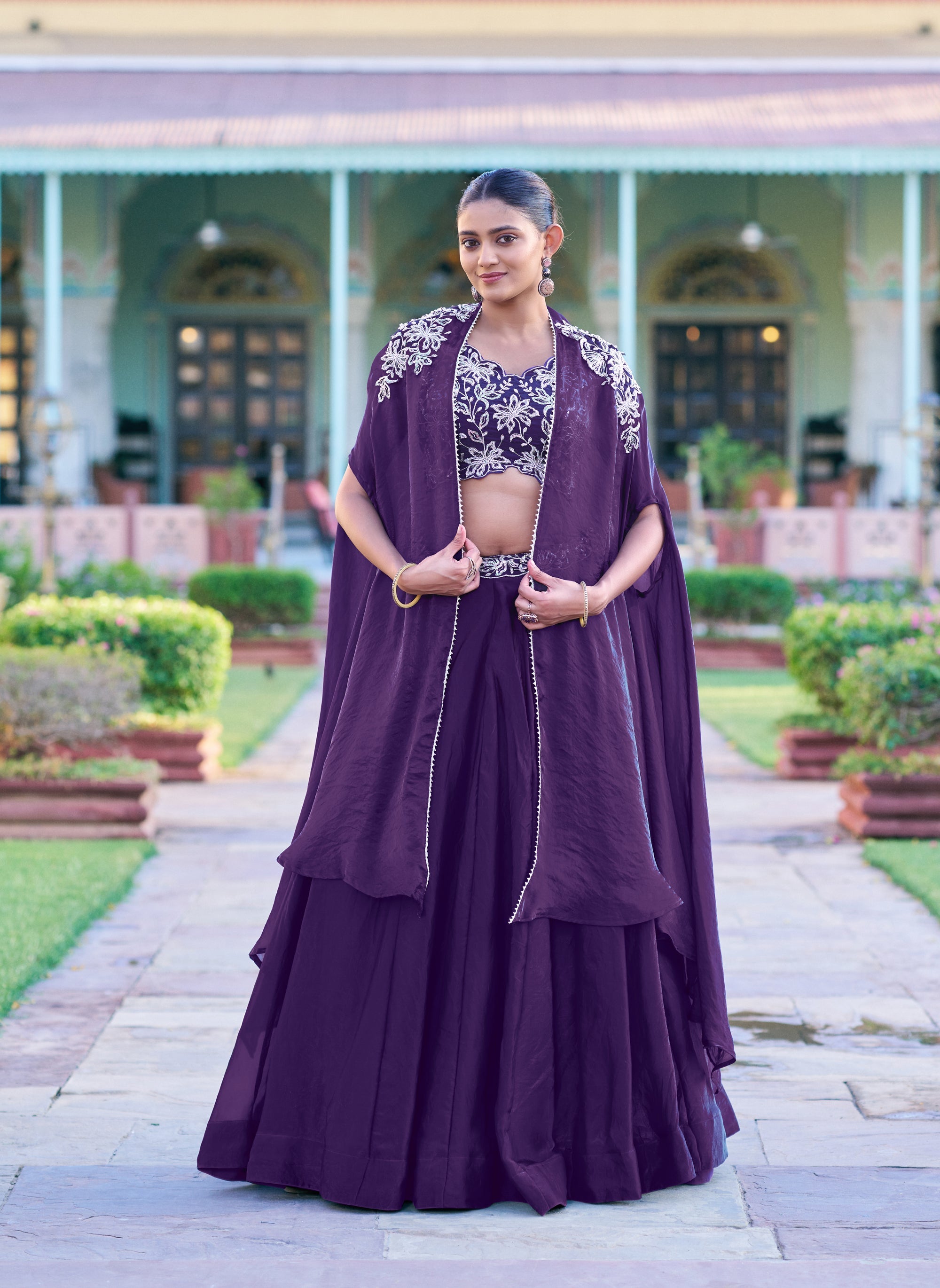 Lorenvalley Fashion Purple Fendy Silk Beads & Sequins and Thread Embroidery Work Belt Lehenga Choli with Shrug | Grocsy