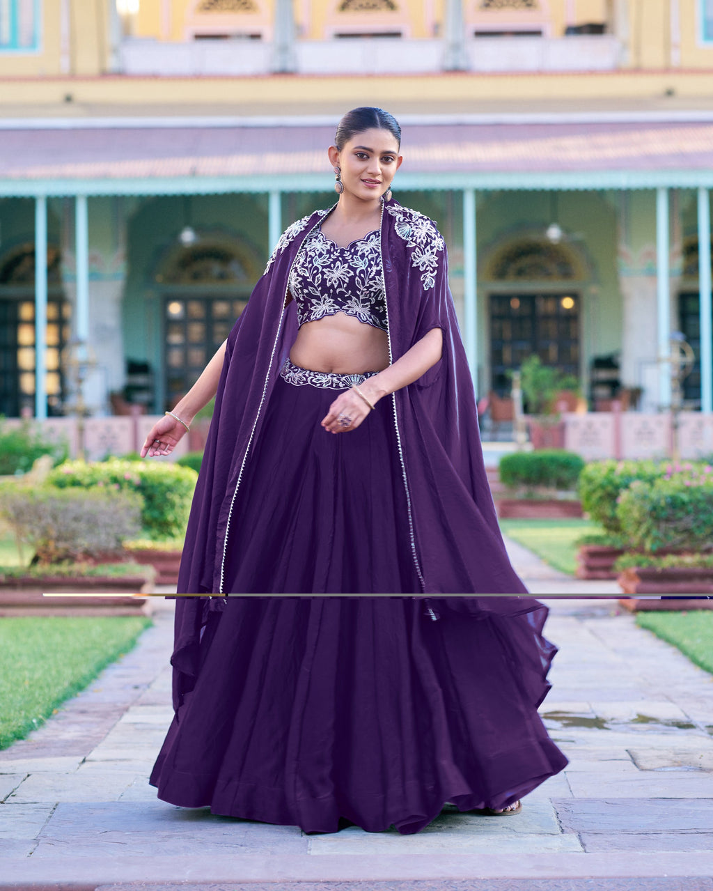 Lorenvalley Fashion Purple Fendy Silk Beads & Sequins and Thread Embroidery Work Belt Lehenga Choli with Shrug | Grocsy