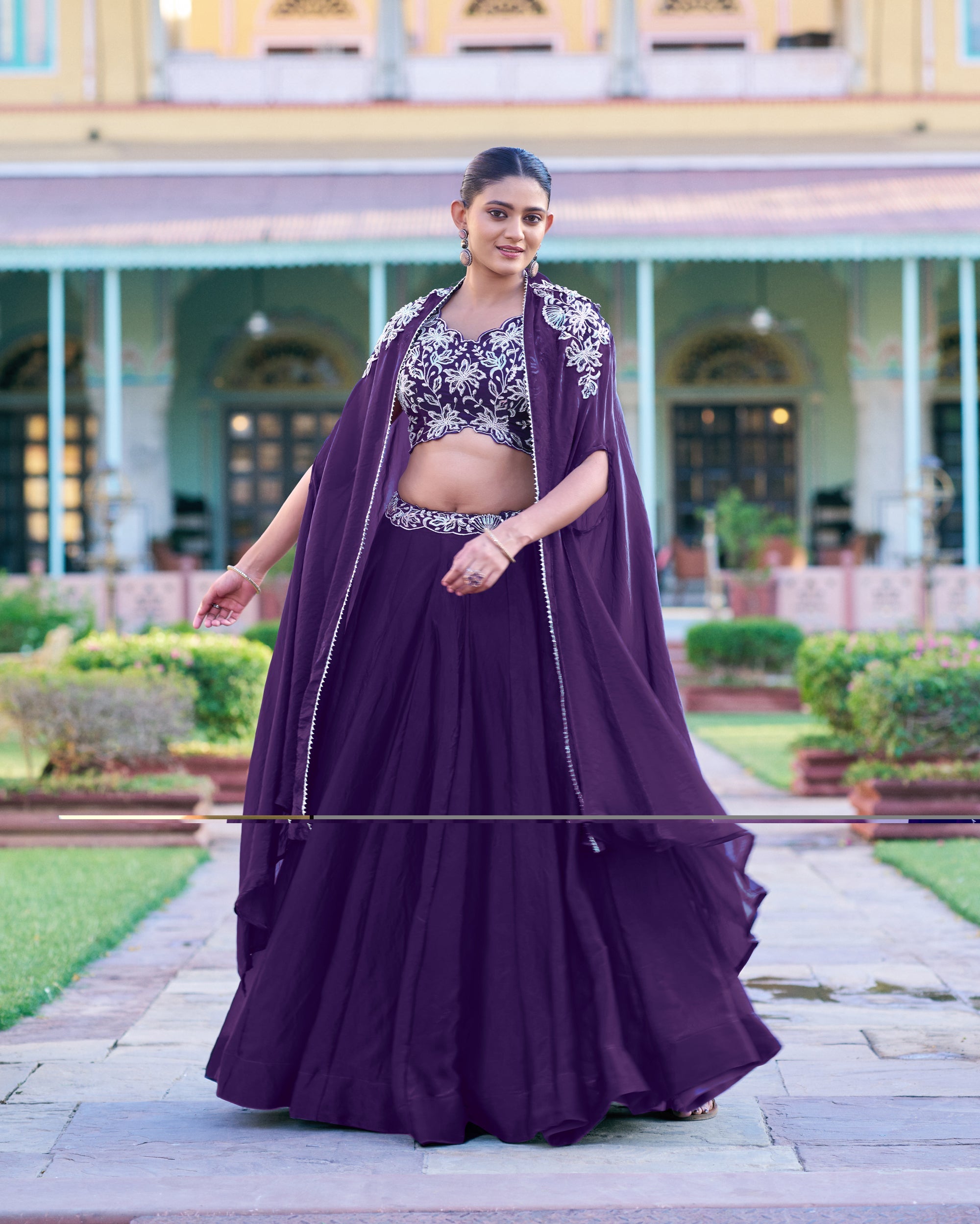 Lorenvalley Fashion Purple Fendy Silk Beads & Sequins and Thread Embroidery Work Belt Lehenga Choli with Shrug | Grocsy