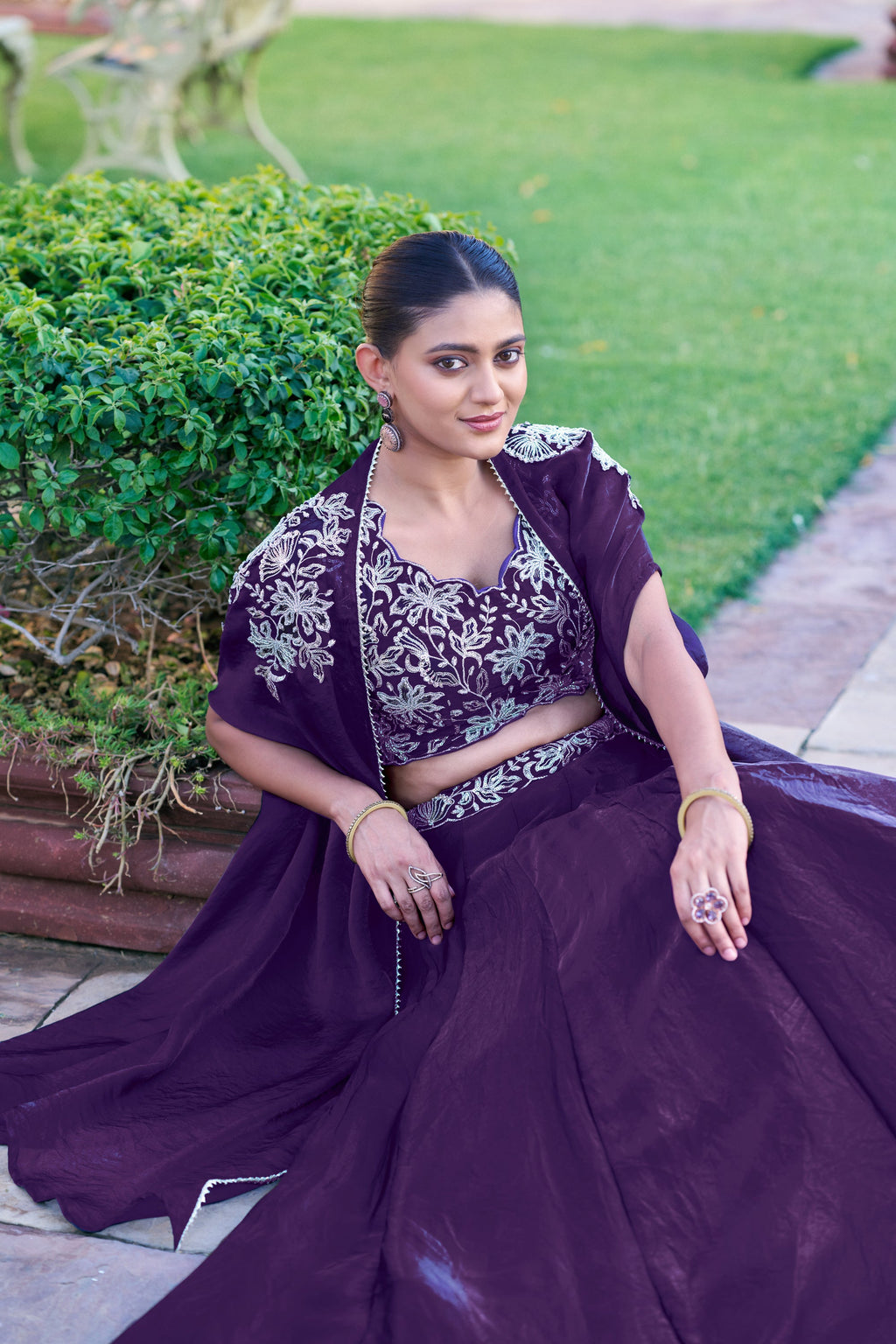 Lorenvalley Fashion Purple Fendy Silk Beads & Sequins and Thread Embroidery Work Belt Lehenga Choli with Shrug | Grocsy