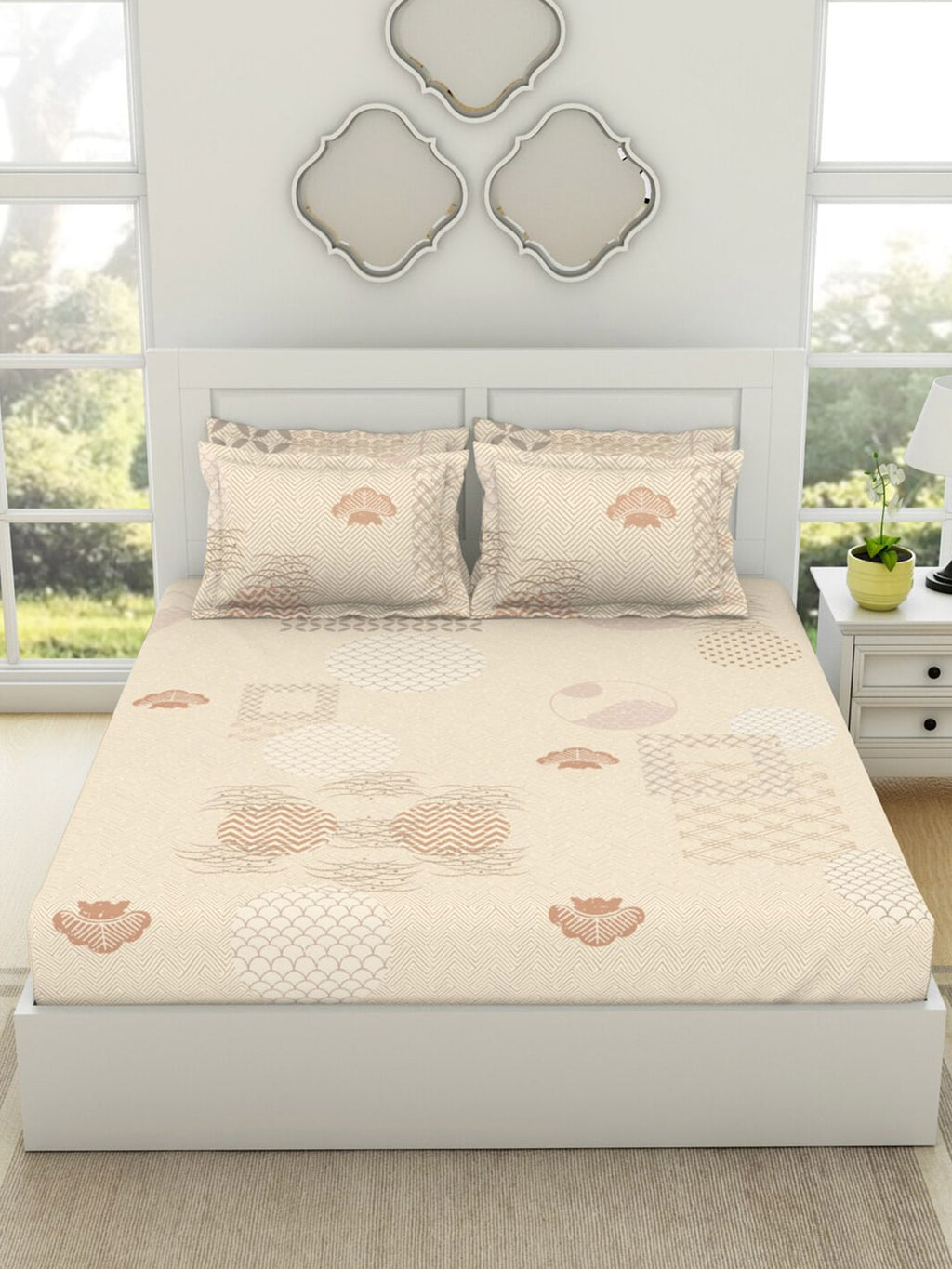 SPACES Pattern Art Cream Printed Egyptian Cotton 350 TC King Bedsheet & 4 Pillow Covers | Grocsy