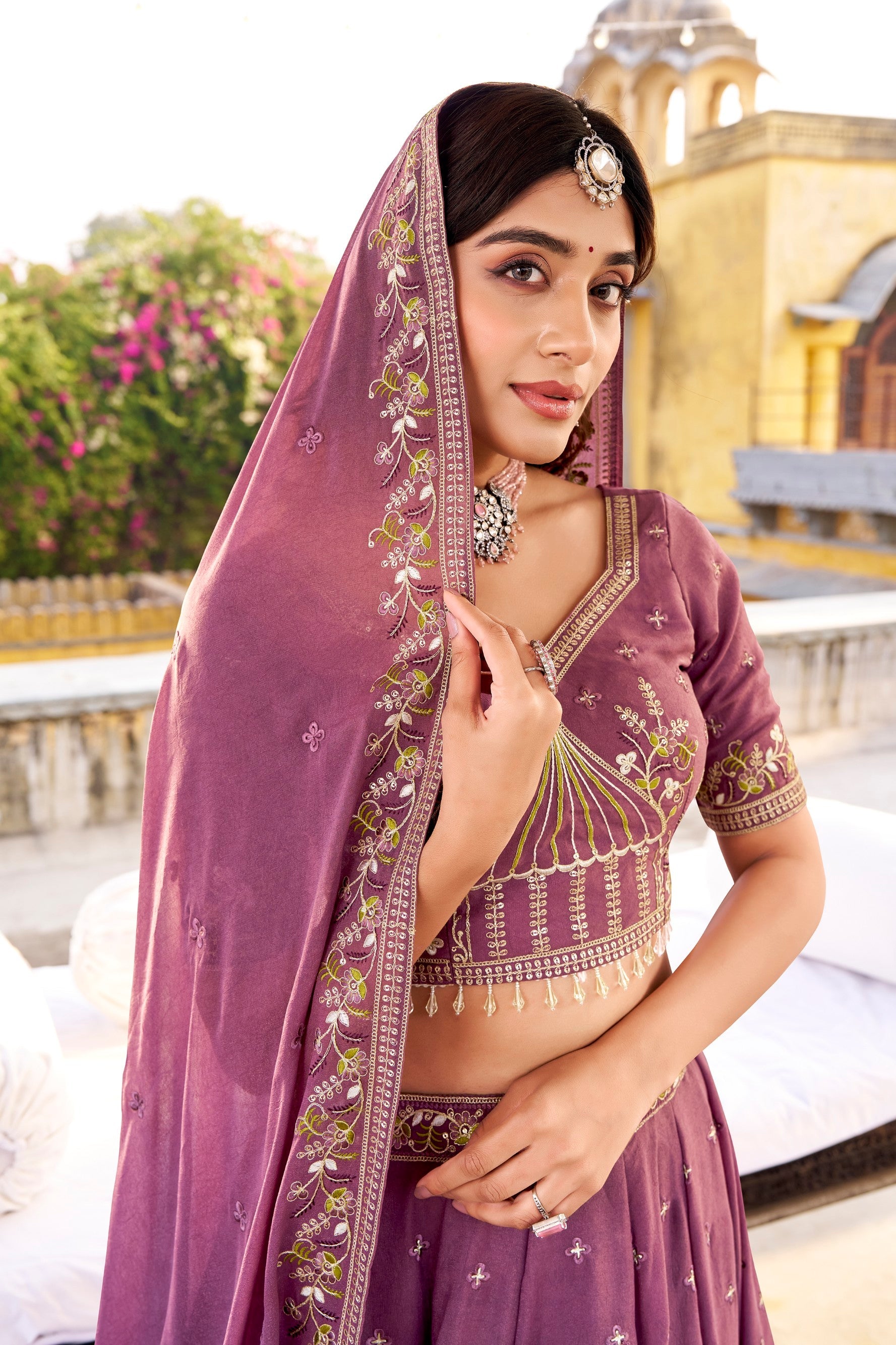 Lorenvalley Fashion Lavender Crush Silk Sequins and Thread Embroidery Work Lehenga Choli with Dupatta | Grocsy