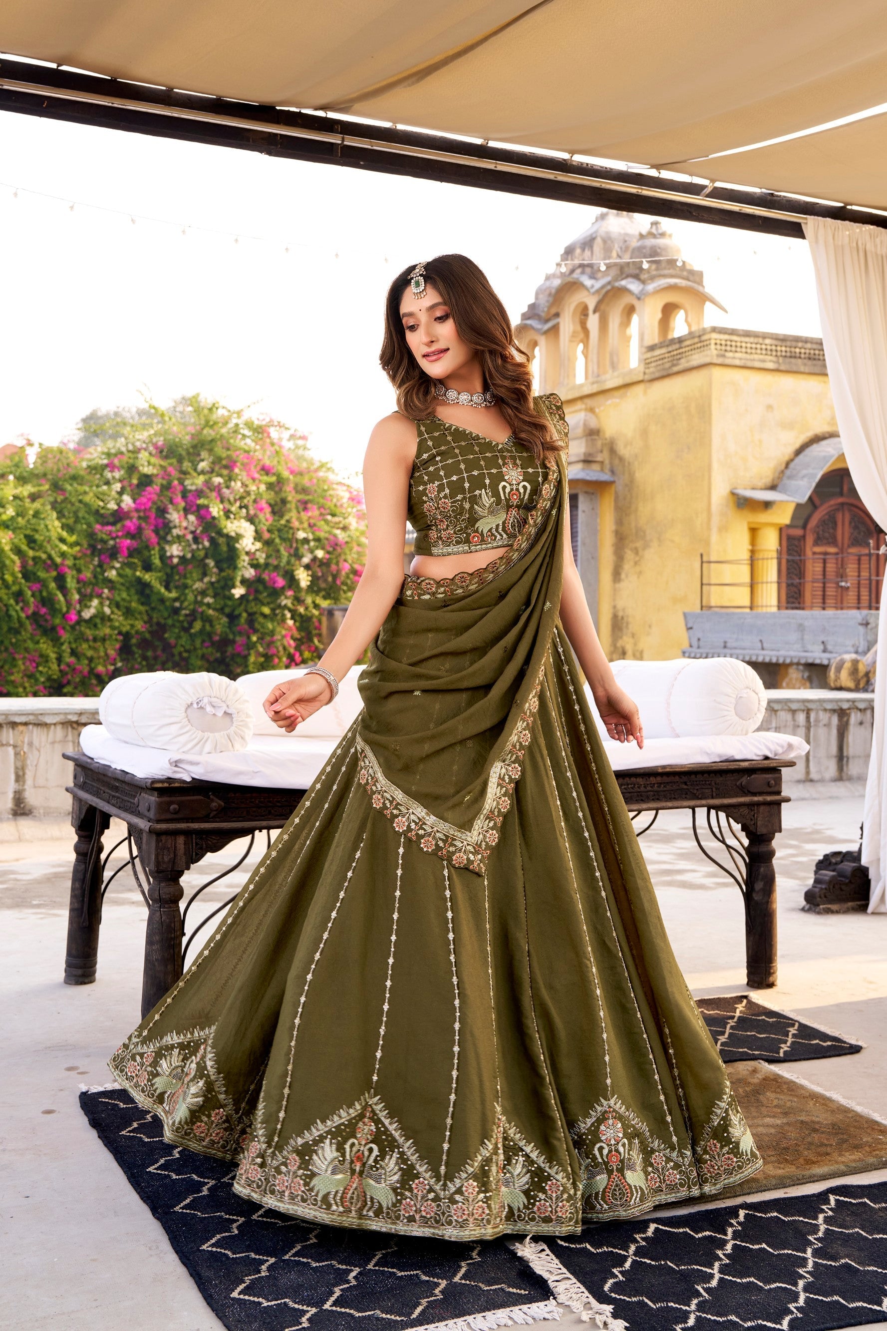 Lorenvalley Fashion Mehendi Crush Silk Sequins and Thread Embroidery Work Lehenga Choli with Dupatta | Grocsy