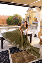 Lorenvalley Fashion Mehendi Crush Silk Sequins and Thread Embroidery Work Lehenga Choli with Dupatta | Grocsy