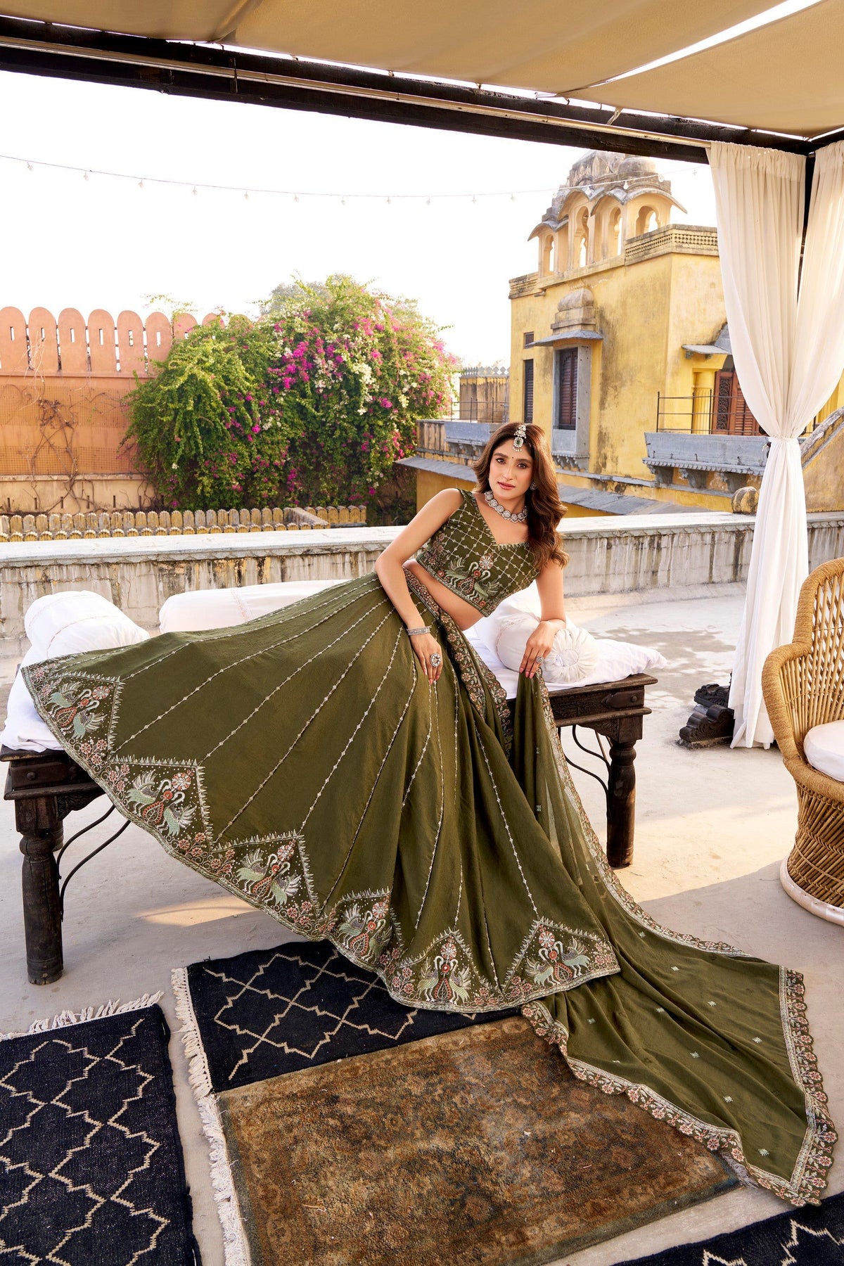 Lorenvalley Fashion Mehendi Crush Silk Sequins and Thread Embroidery Work Lehenga Choli with Dupatta | Grocsy