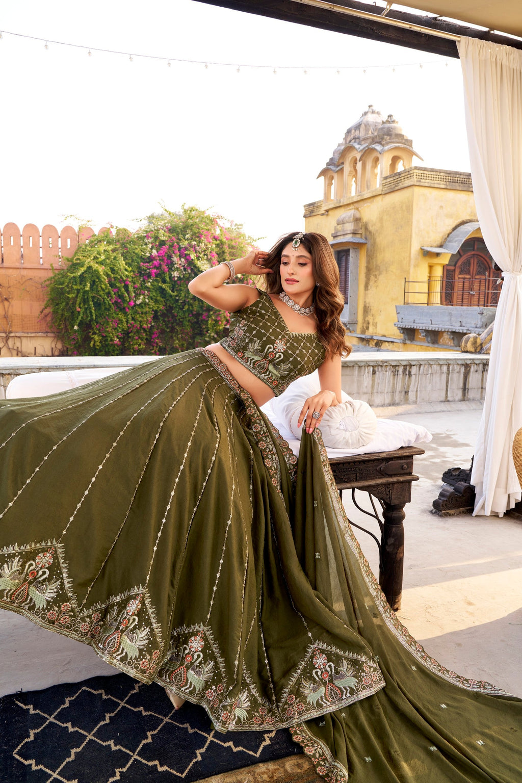 Lorenvalley Fashion Mehendi Crush Silk Sequins and Thread Embroidery Work Lehenga Choli with Dupatta | Grocsy