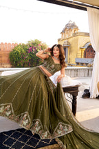 Lorenvalley Fashion Mehendi Crush Silk Sequins and Thread Embroidery Work Lehenga Choli with Dupatta | Grocsy