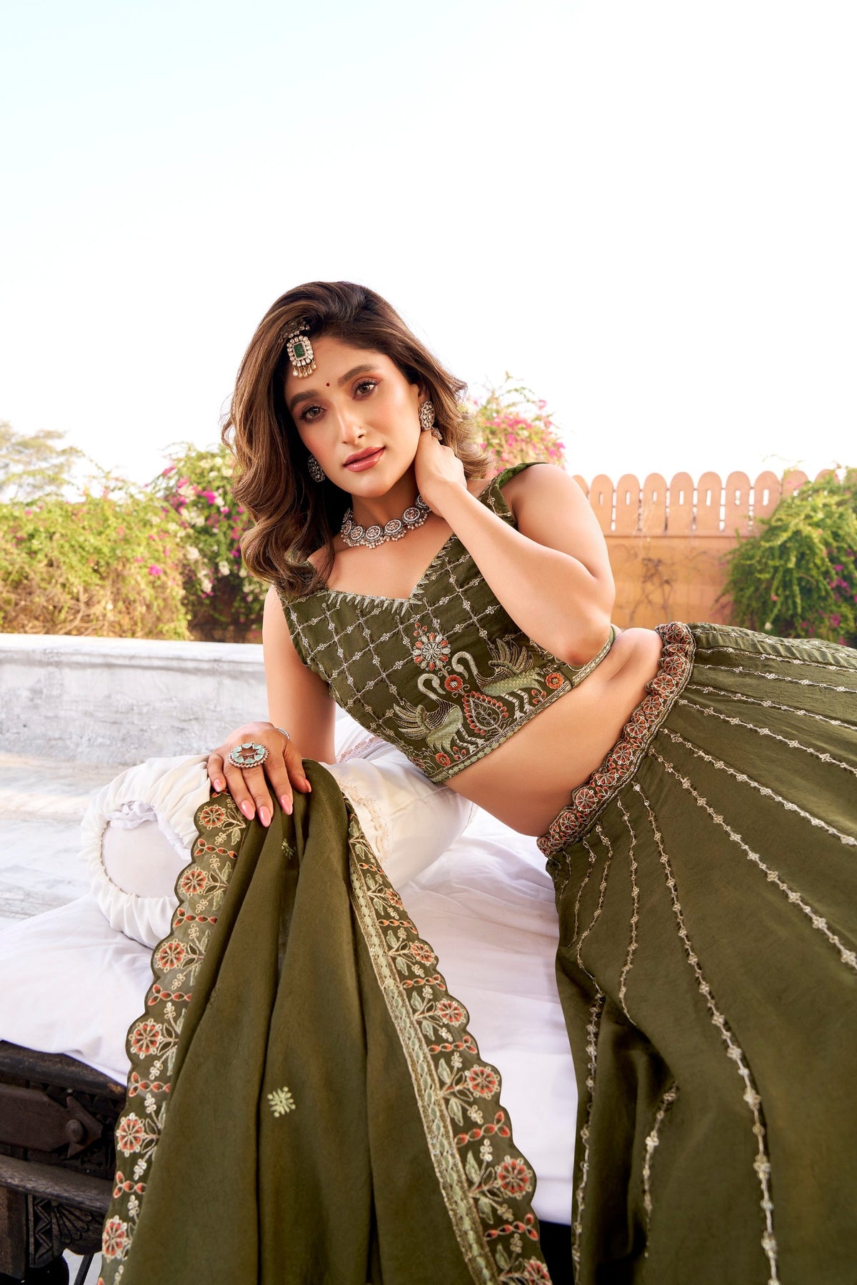 Lorenvalley Fashion Mehendi Crush Silk Sequins and Thread Embroidery Work Lehenga Choli with Dupatta | Grocsy